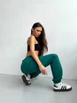 Брюки женские из футера трехнитка с начесом Сова изумруд макси — фото 1