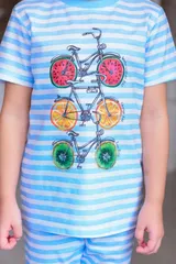 Пижама детская из футболки и бридж из кулирки Fruits & bikes голубой — фото 5